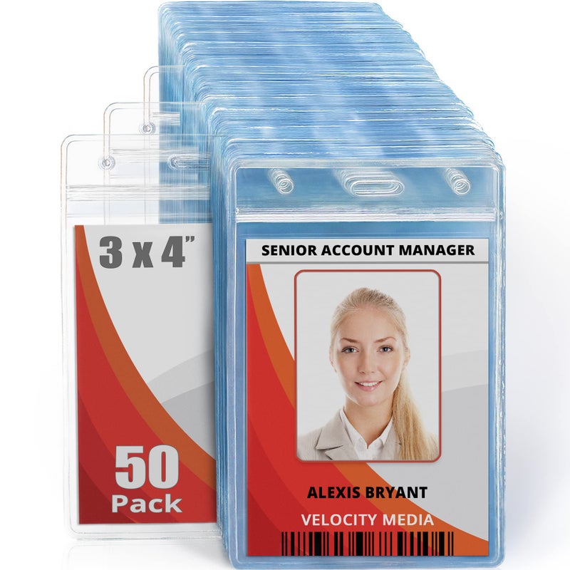 Mifflin-USA Large (L) Vertical ID Badge Holders (Clear, 3x4 inch, 50 Pack), Plastic Nametag Covers with Zipper, Name Tag Holder - Image 1
